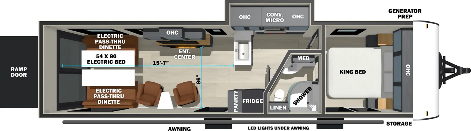 The Stealth 2900 floorplan is a toy hauler that has two entries and one slide out. Exterior features include: fiberglass exterior. Interiors features include: front bedroom.